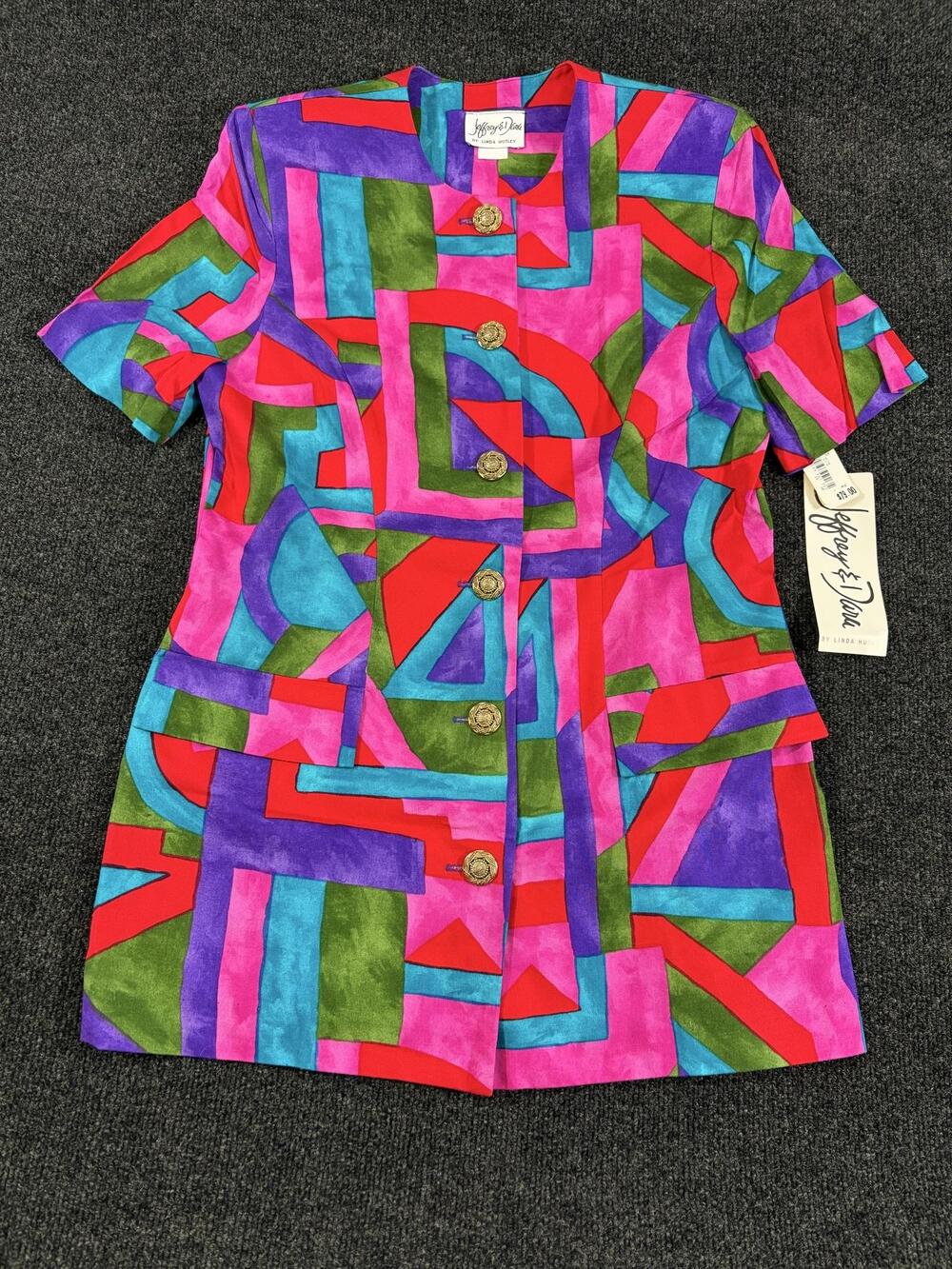 Vintage Jeffrey & Dara Blazer Juniors 9/10 Multicolor Geometric Short Sleeve